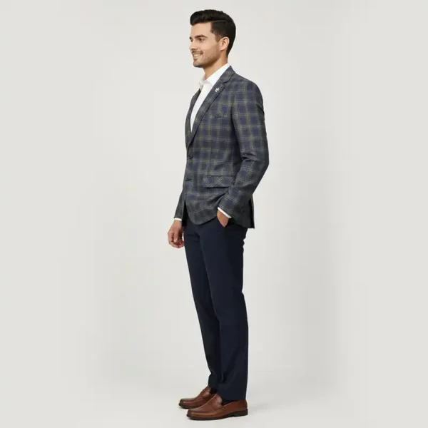 Men’s Blue & Olive Checkered Slim Fit Blazer