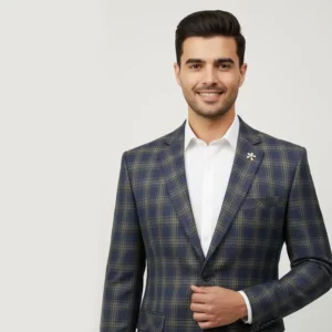 Men’s Blue and Olive Checkered Slim Fit Blazer-Close-up