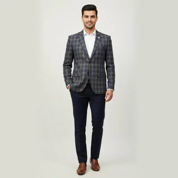 Men’s Blue & Olive Checkered Slim Fit Blazer