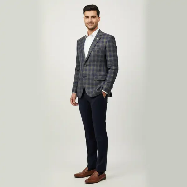 Men’s Blue & Olive Checkered Slim Fit Blazer
