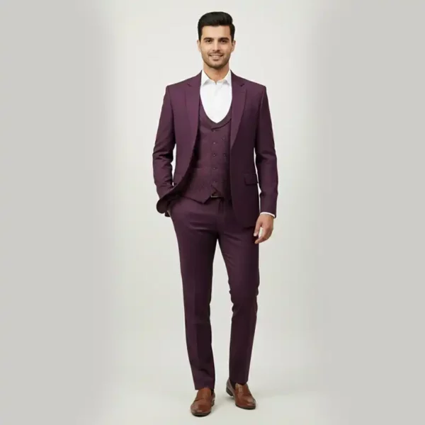 Men’s Plum 3-Piece Slim Fit Suit - Full Front Men’s Plum 3-Piece Slim Fit Blazer Suit