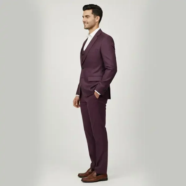 Men’s Plum 3-Piece Slim Fit Suit - Left Side View Men’s Plum 3-Piece Slim Fit Blazer Suit