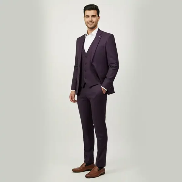 Men’s Plum 3-Piece Slim Fit Suit - Side-on Men’s Plum 3-Piece Slim Fit Blazer Suit